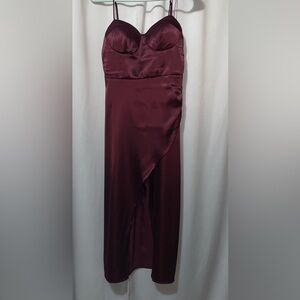 Burgundy Satin Midi Dress with Smocked Back